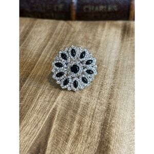 Large Black & Clear Rhinestone Floral Statement Ring Silver Tone Cocktail Ring 7